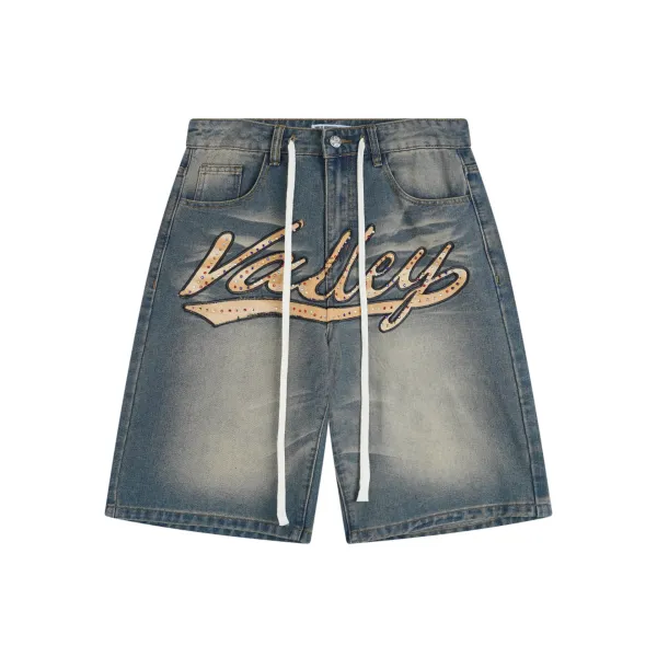 Design Valley Denim Shorts with Rhinestone Script Embroidery Blue Shorts - 1