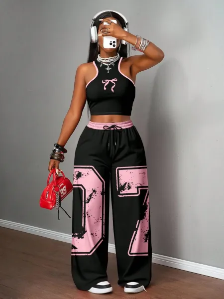 Design California 23 Graphic Crop Top and Wide-Leg Sweatpants Set Black - 19