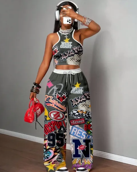 Design California 23 Graphic Crop Top and Wide-Leg Sweatpants Set Black - 26