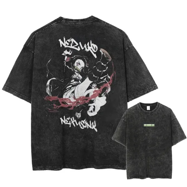 Design Nezuko Graphic Acid Wash Black T-Shirt - 1