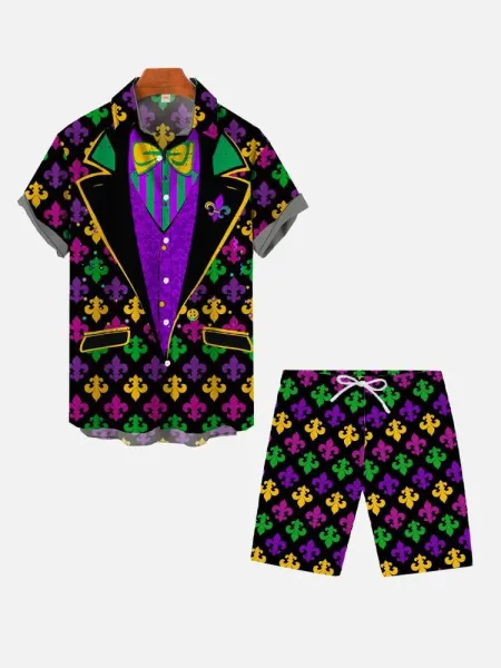 Design Mardi Gras Fleur-de-Lis Print Short-Sleeve Shirt and Shorts Set Multicolor Sets - 6