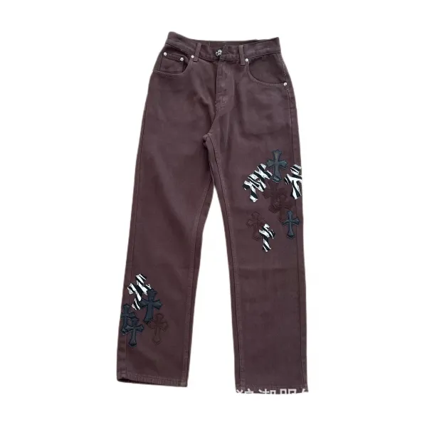 Chrome Hearts Cross Patch Distressed Brown Jeans - 1
