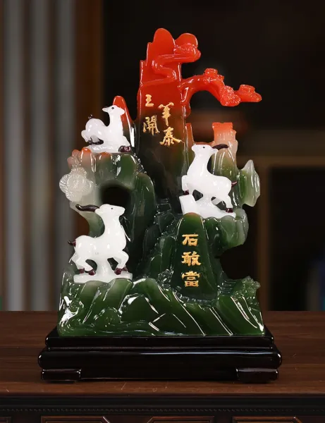 Design Three Deer Jade Mountain Sculpture with Auspicious Inscriptions Decorative Figurine Accessories - 3