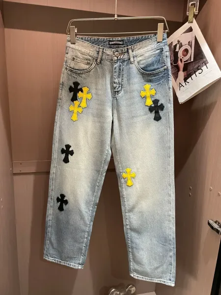 Chrome Hearts Cross Patch Distressed Light Wash Jeans - 1