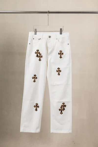 Chrome Hearts Leopard Cross Patch White Jeans - 1