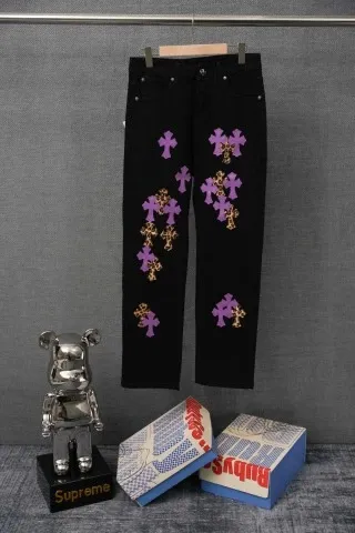 Chrome Hearts x Custom Embroidered Black Jeans with Purple and Gold Crosses - 1