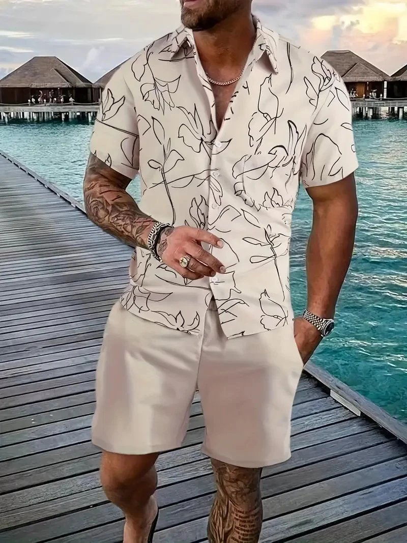 Design Hawaiian Print Button-Up Shirt Navy Yellow Shorts Set - 3