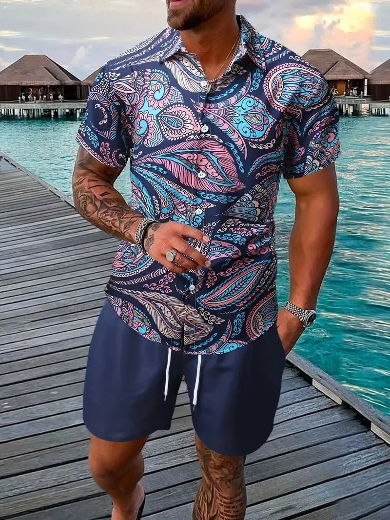 Design Hawaiian Print Button-Up Shirt Navy Yellow Shorts Set - 4