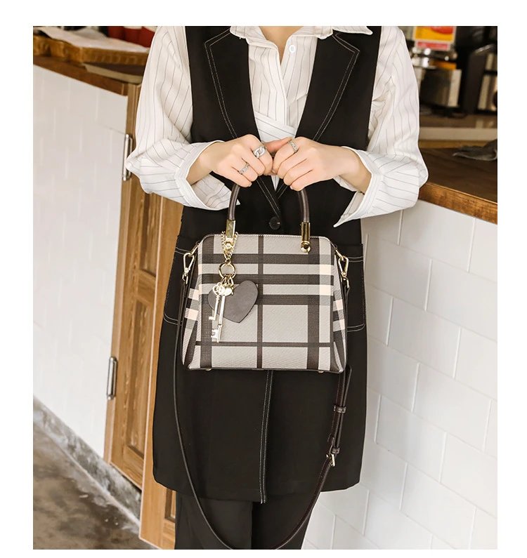 Design Black and Beige Plaid Handbag - 13