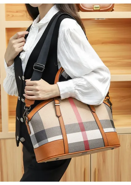 Burberry Check Print Boston Bag Tan Handbags - 13