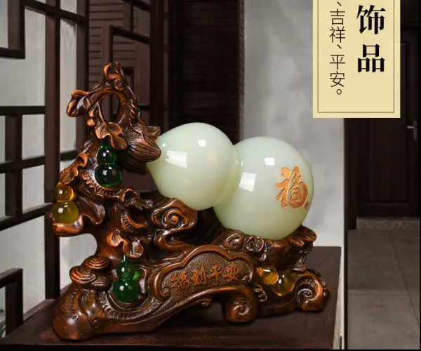 Design Jade Gourd Ornament with Wooden Base and Chinese Knot Tassel Accessories - 13