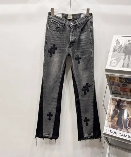 Chrome Hearts Cross Embroidered Distressed Straight-Leg Jeans Gray - 1