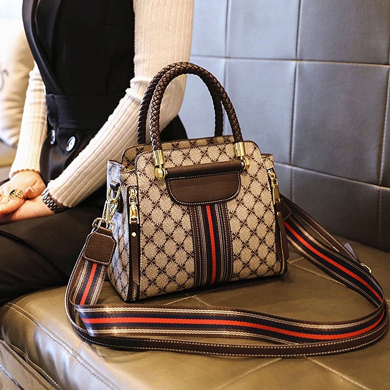 Design Quilted Diamond Pattern Handbag with Striped Strap Beige Brown Red Handbag