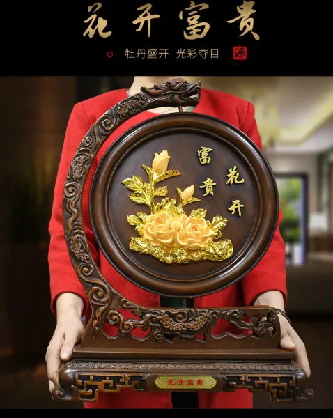 Design Chinese Ceramic Decorative Plate with Dragon Carved Wooden Stand Accessories - 12