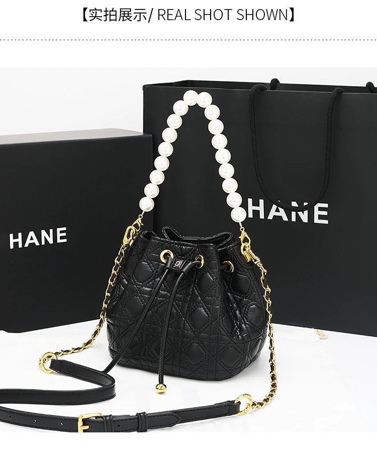 HANE Quilted Pearl-Embellished Pink Bucket Bag Handbags - 18
