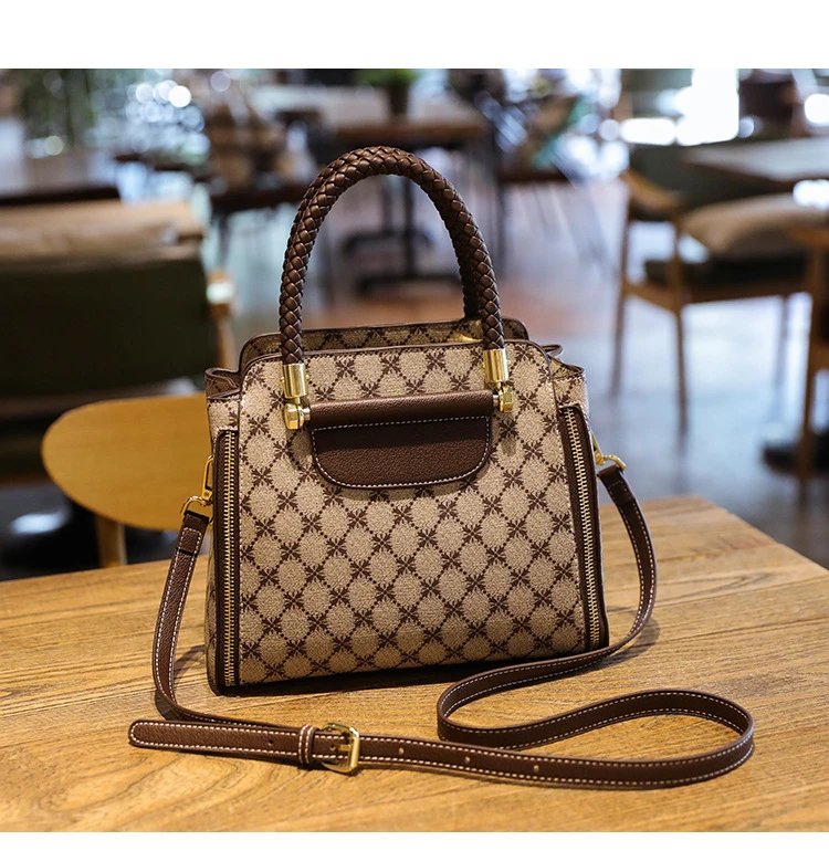 Design Quilted Diamond Pattern Handbag with Striped Strap Beige Brown Red Handbag - 22
