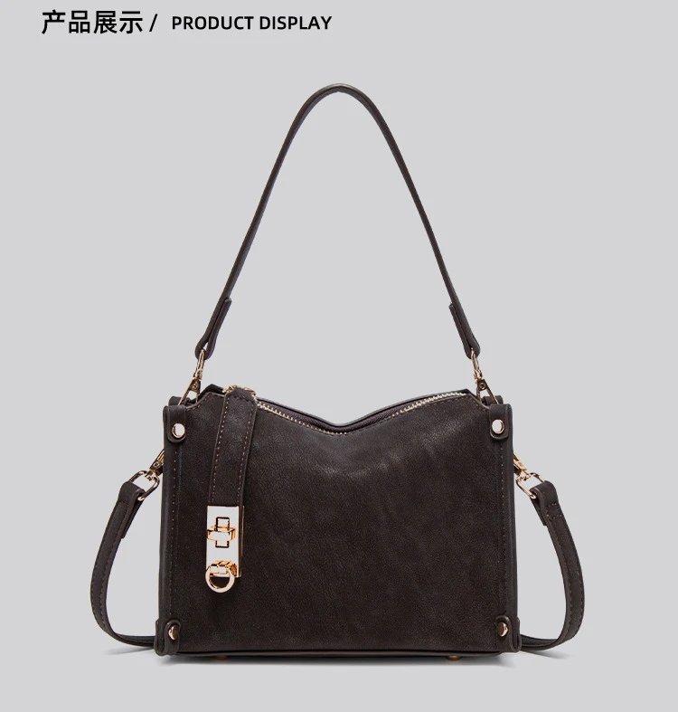 Design Hobo Bag Black Leather-Texture Shoulder Bag - 13