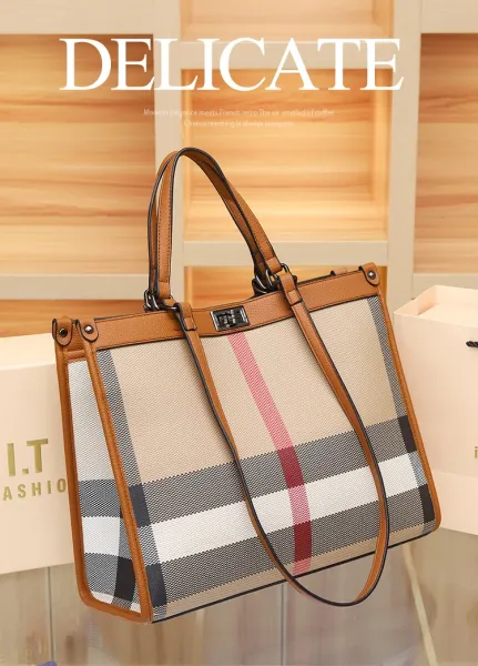 Burberry Check Tote Bag Beige Brown Grid Handbag - 2