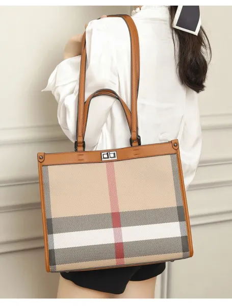 Burberry Check Tote Bag Beige Brown Grid Handbag - 17