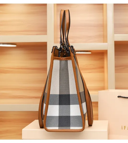 Burberry Check Tote Bag Beige Brown Grid Handbag - 23