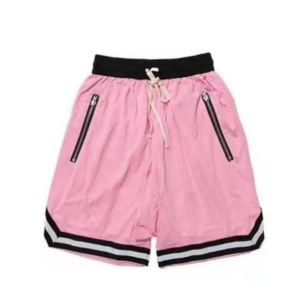 Design Mesh Shorts with Zipper Pockets and Striped Hem in Pale Yellow - 3