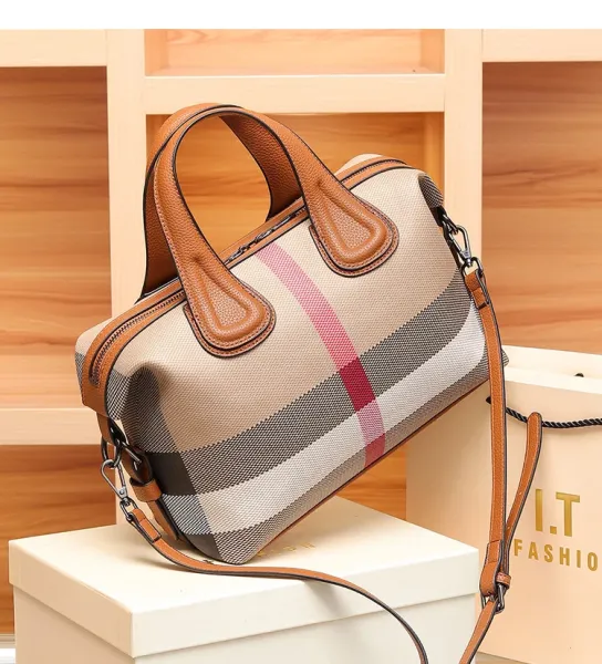 Burberry Check Pattern Boston Bag Beige Brown Handbag - 20