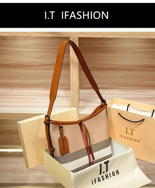 Design I.T Fashion Checkered Hobo Bag Set Beige Multicolor Shoulder Bags - 2