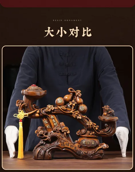 Design Traditional Chinese Wood Carving Ornament 'Fu Lu Ru Yi' with Gourd and Pixiu Accessories - 11