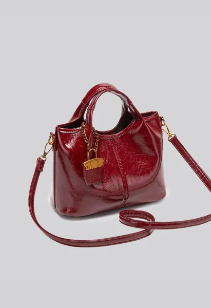 Design Mini Top-Handle Bag with Lock Charm Burgundy Handbag - 15