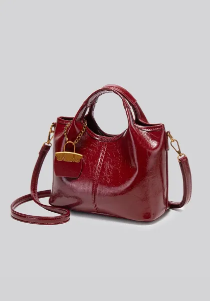 Design Mini Top-Handle Bag with Lock Charm Burgundy Handbag - 16