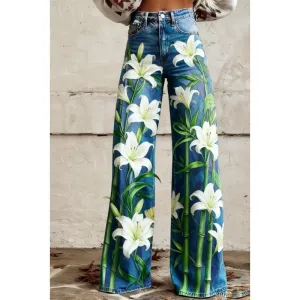 Design Floral Lily Print Wide-Leg Jeans Blue