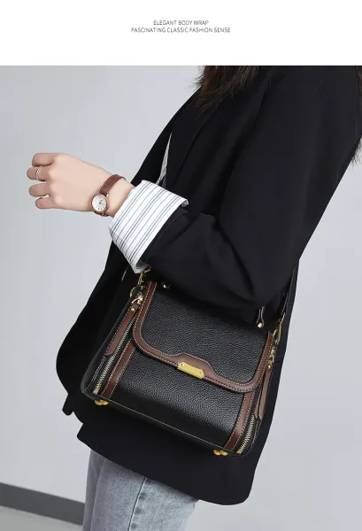 Design Structured Leather Satchel in Gray and Brown Handbag - 17