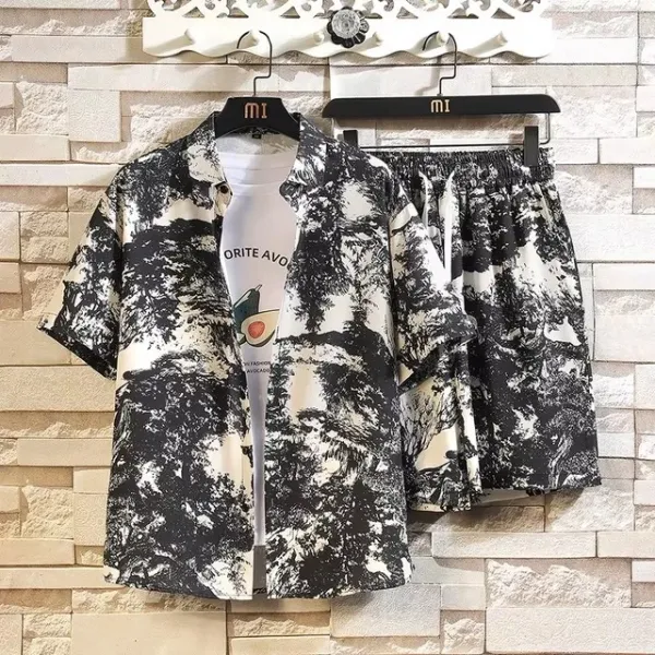 Design Floral Print Blue Short-Sleeve Shirt and Shorts Set - 3