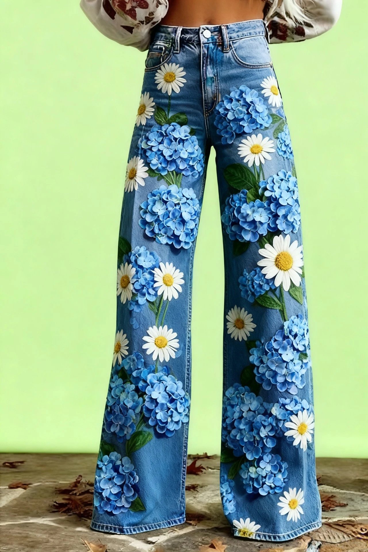 Design Floral Print Wide-Leg Jeans Blue - 2