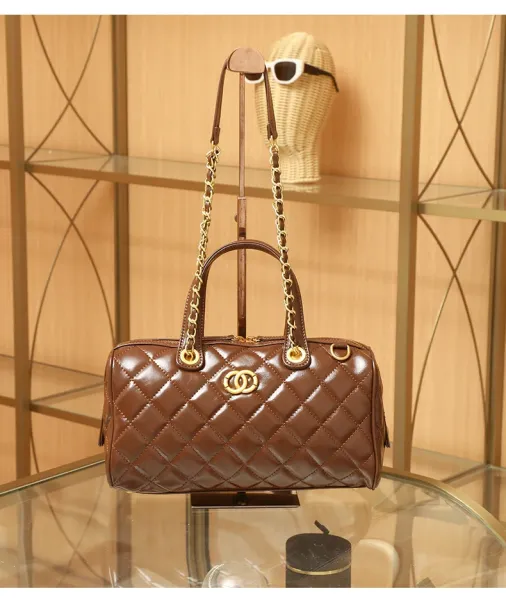 Chanel Quilted Boston Bag Burgundy Leather Handbag - 24