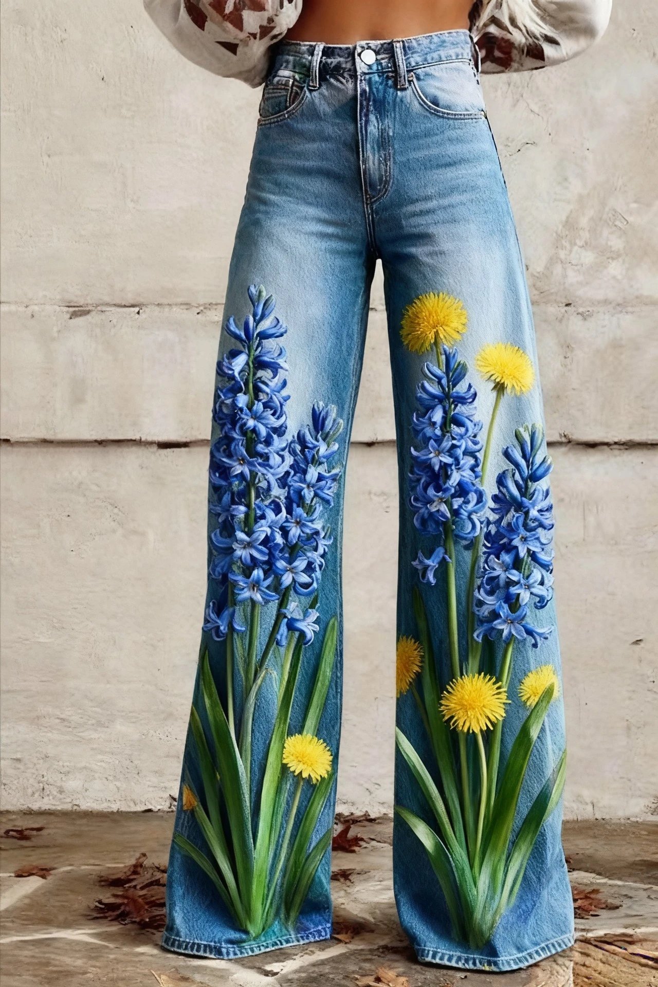 Design Floral Print Wide-Leg Jeans Blue - 8