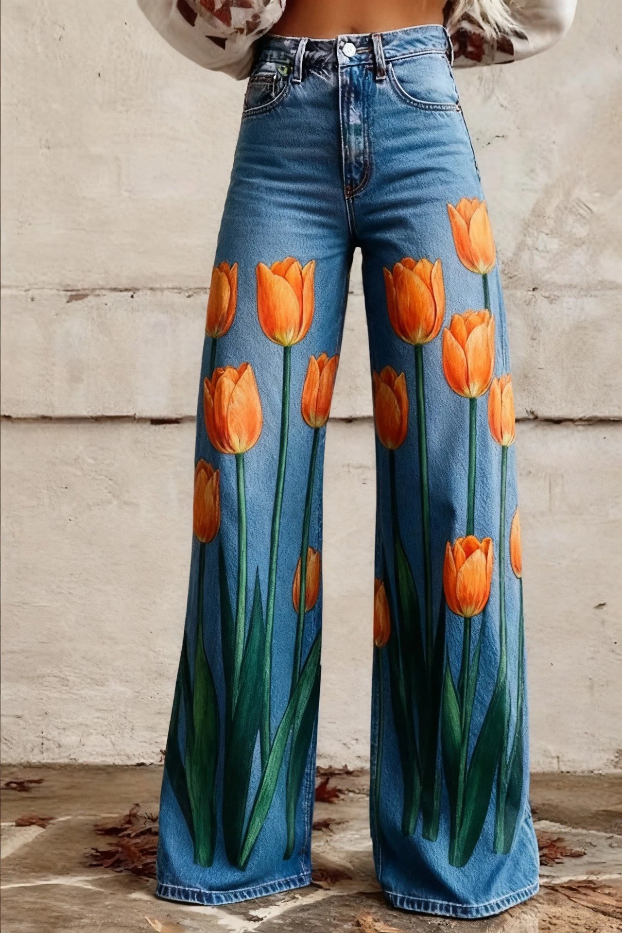 Design Floral Print Wide-Leg Jeans Blue - 9