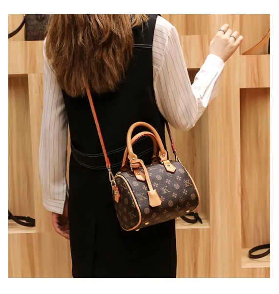 Design Boston Bag with Monogram Print Brown and Beige Handbag - 21