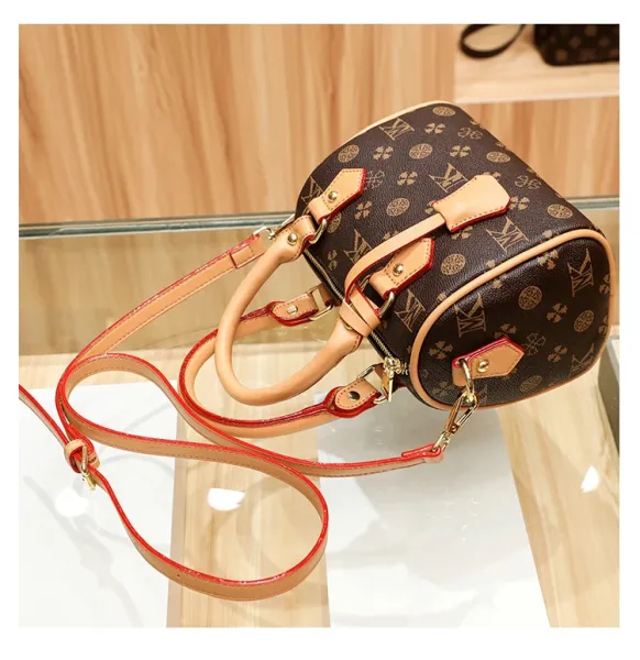 Design Boston Bag with Monogram Print Brown and Beige Handbag - 26