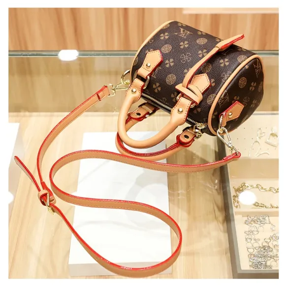 Design Boston Bag with Monogram Print Brown and Beige Handbag - 32