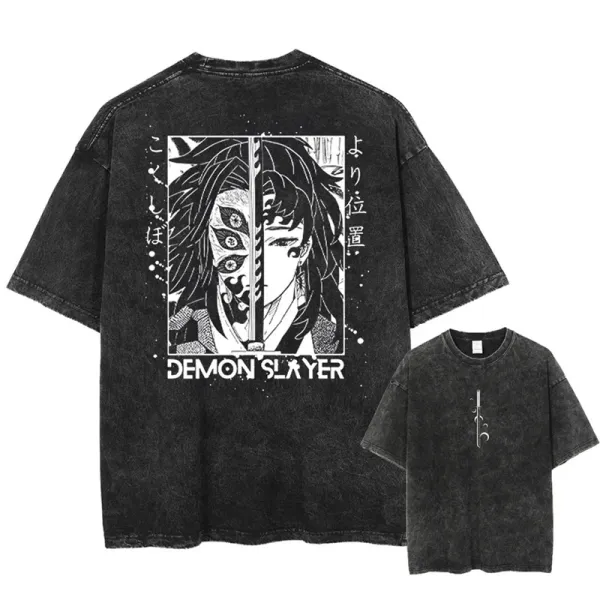 Design Demon Slayer Graphic Print Washed Black T-Shirt T-Shirts - 1