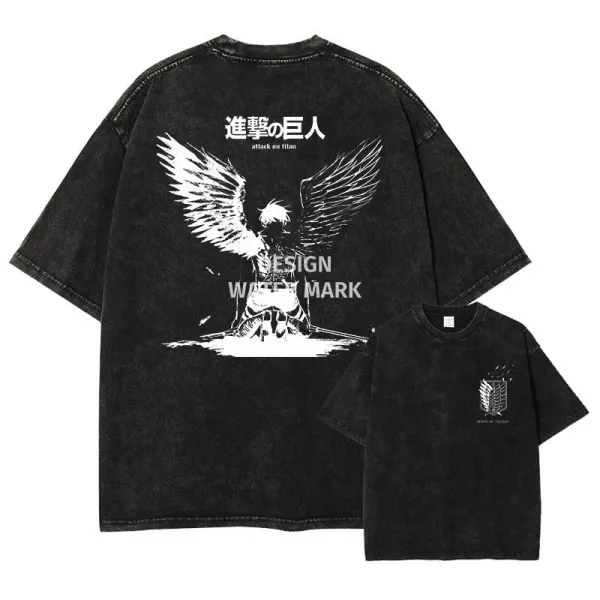 Design Attack on Titan Winged Eren Oversized Washed Black T-Shirt T-Shirts - 1