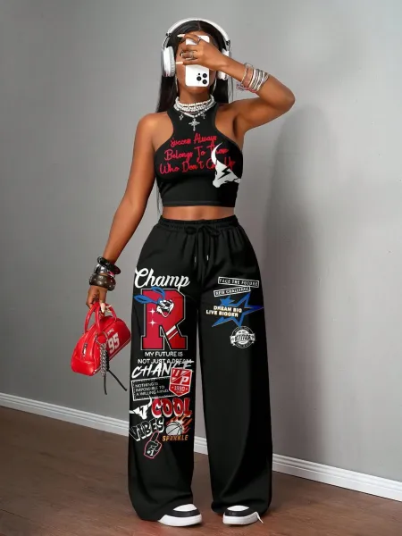 Design California 23 Graphic Crop Top and Wide-Leg Sweatpants Set Black - 17
