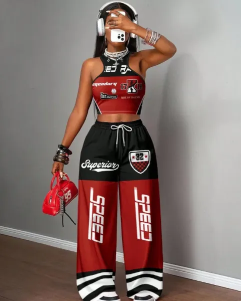 Design California 23 Graphic Crop Top and Wide-Leg Sweatpants Set Black - 30