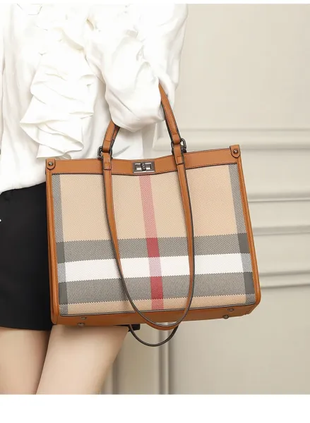 Burberry Check Tote Bag Beige Brown Grid Handbag - 9