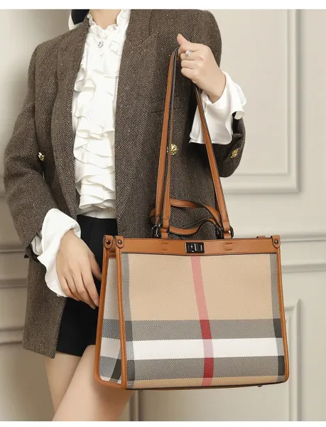 Burberry Check Tote Bag Beige Brown Grid Handbag - 14