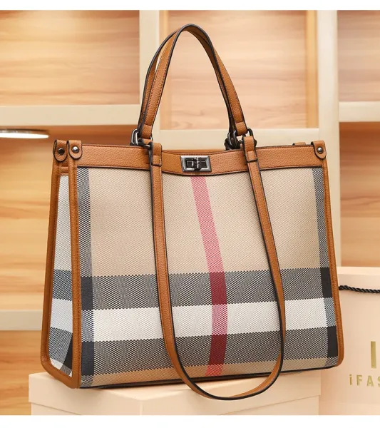 Burberry Check Tote Bag Beige Brown Grid Handbag - 19