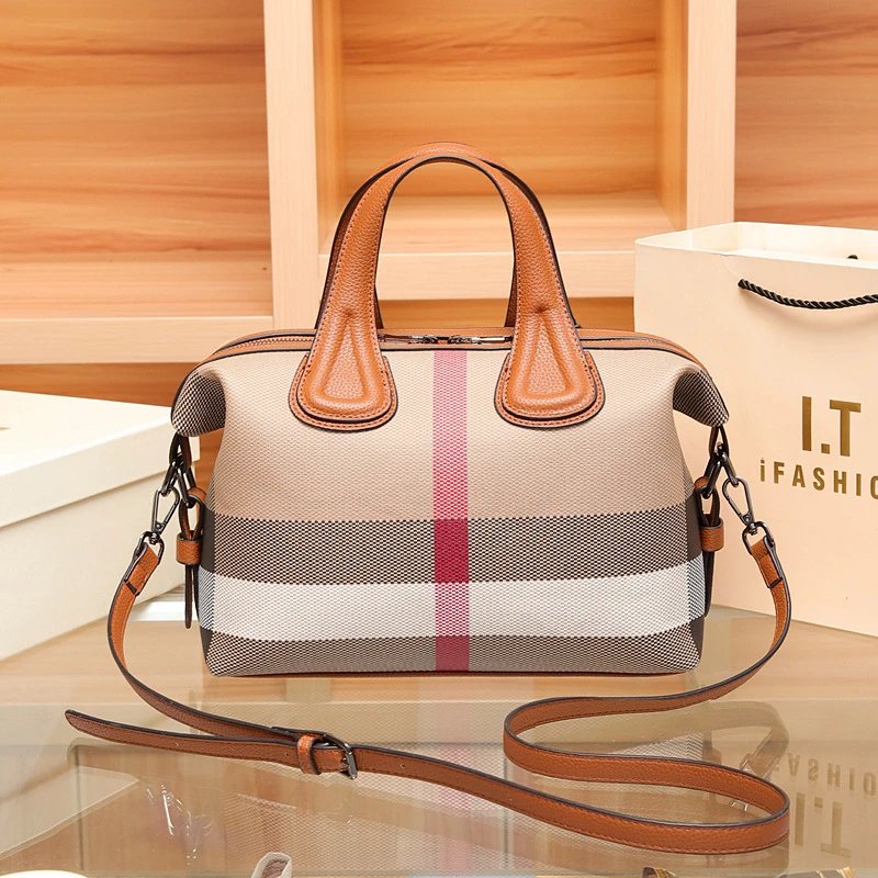 Burberry Check Pattern Boston Bag Beige Brown Handbag