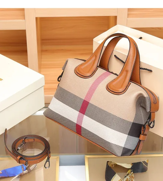 Burberry Check Pattern Boston Bag Beige Brown Handbag - 22