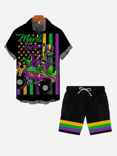 Design Mardi Gras Fleur-de-Lis Print Short-Sleeve Shirt and Shorts Set Multicolor Sets - 4